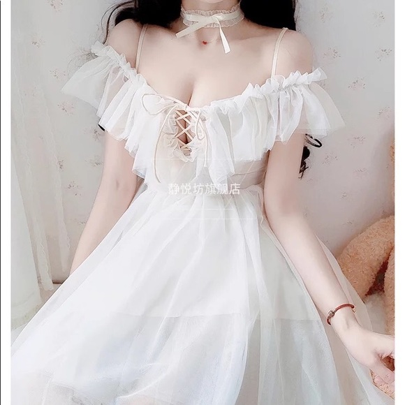 Lace up dress Ruffle off shoulder cream white lace up - Picture 6 of 16